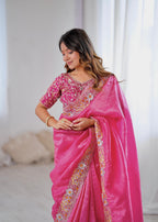 Premium Gold Crush Pink Saree