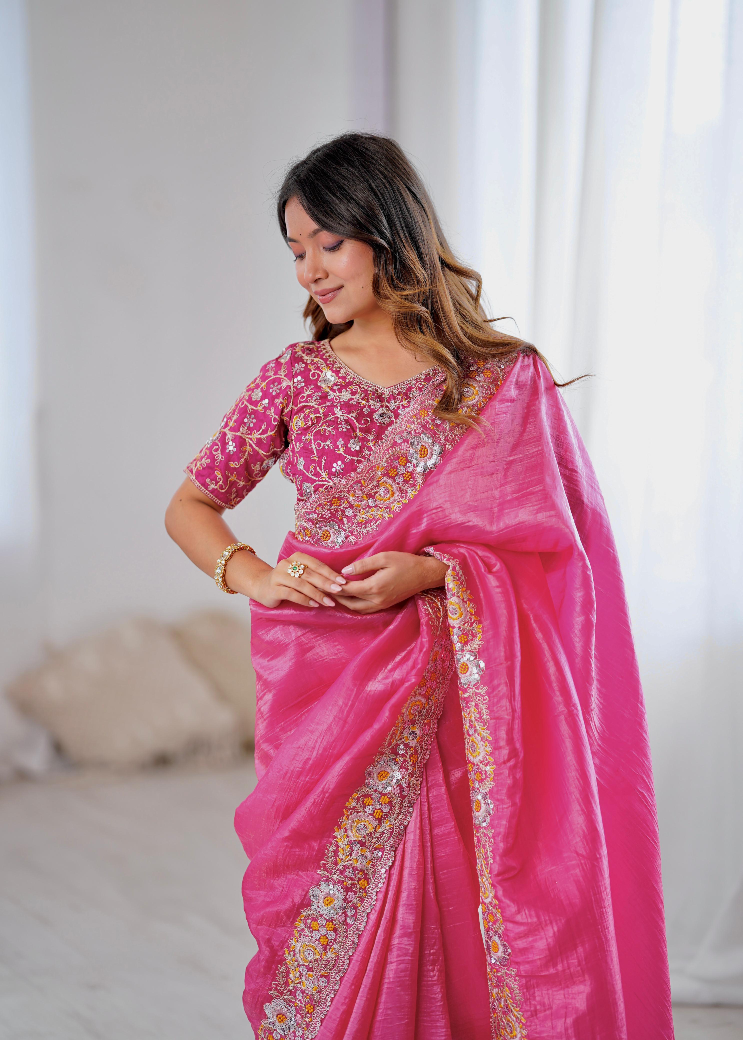 Premium Gold Crush Pink Saree