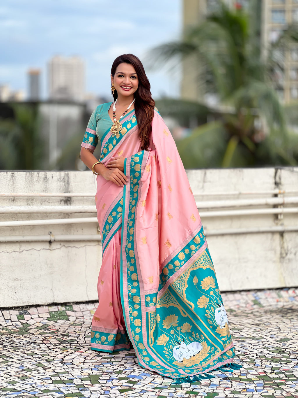 Soft Silk Paithani Saree With Cow nanadi motifs