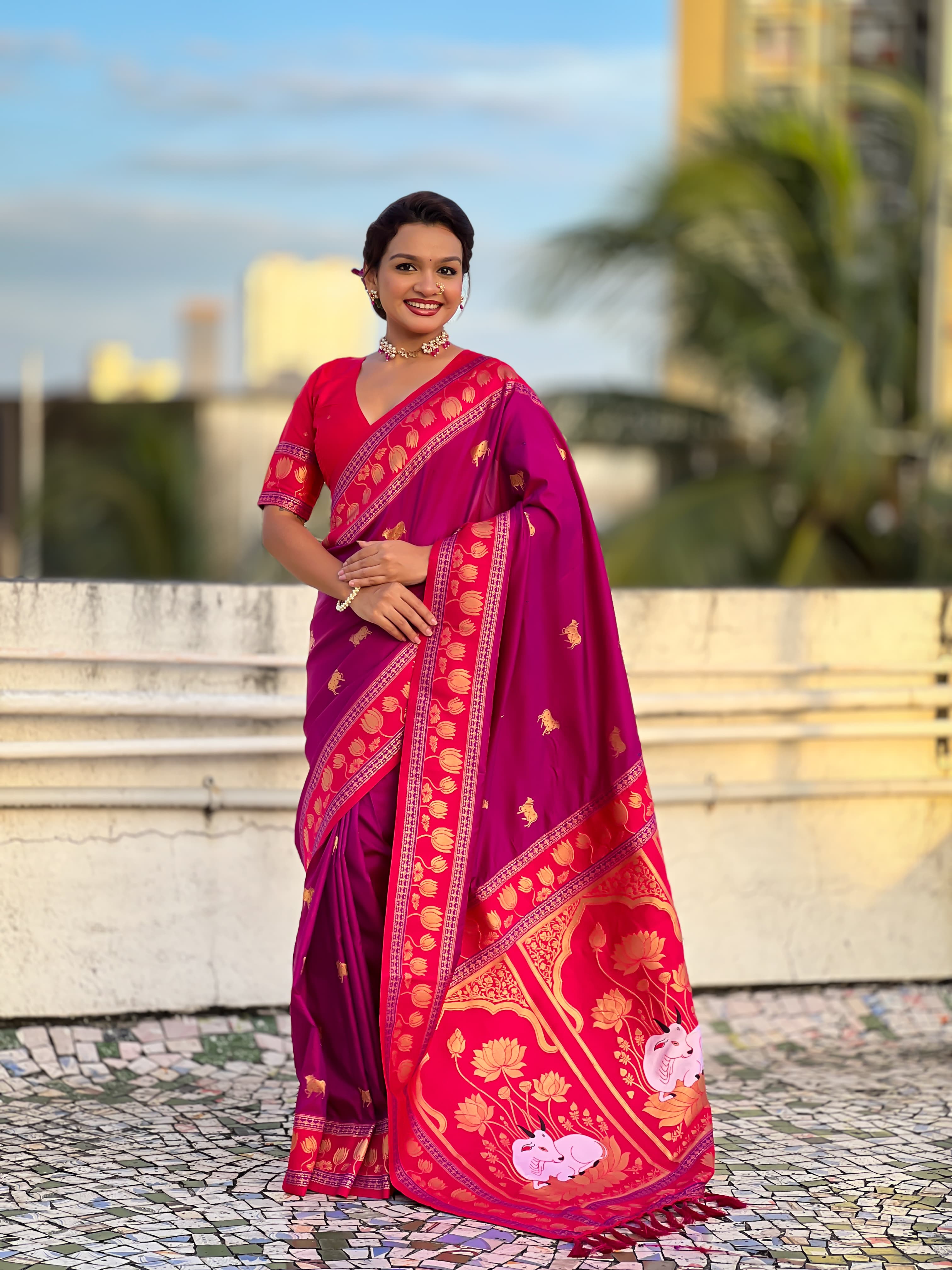 Soft Silk Paithani Saree With Cow nanadi motifs
