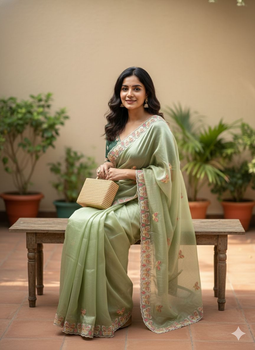 Butterfly 🦋 Motif Embroidered Crushded Organza saree