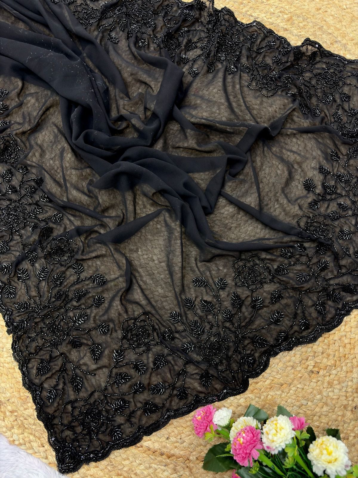 Beautiful Jet Black Georgette Saree