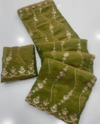 Nc Moss Sattin Dual Shad Multi Emrodairy Sequence Saree