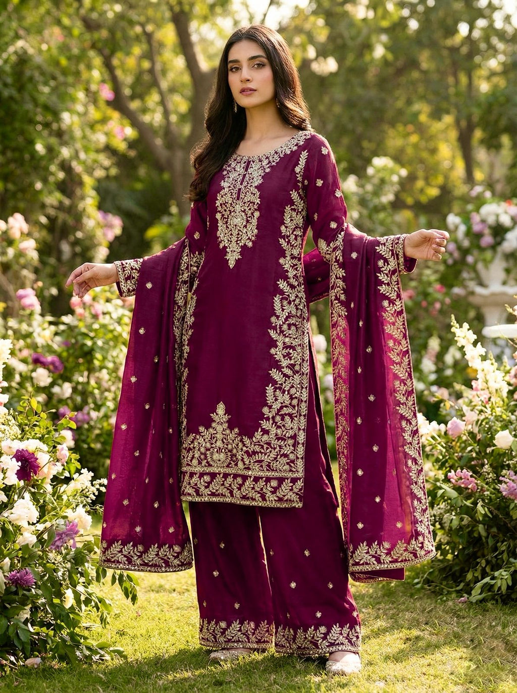 Pure GMY SILK With Heavy Embroidery Top & Plazzo