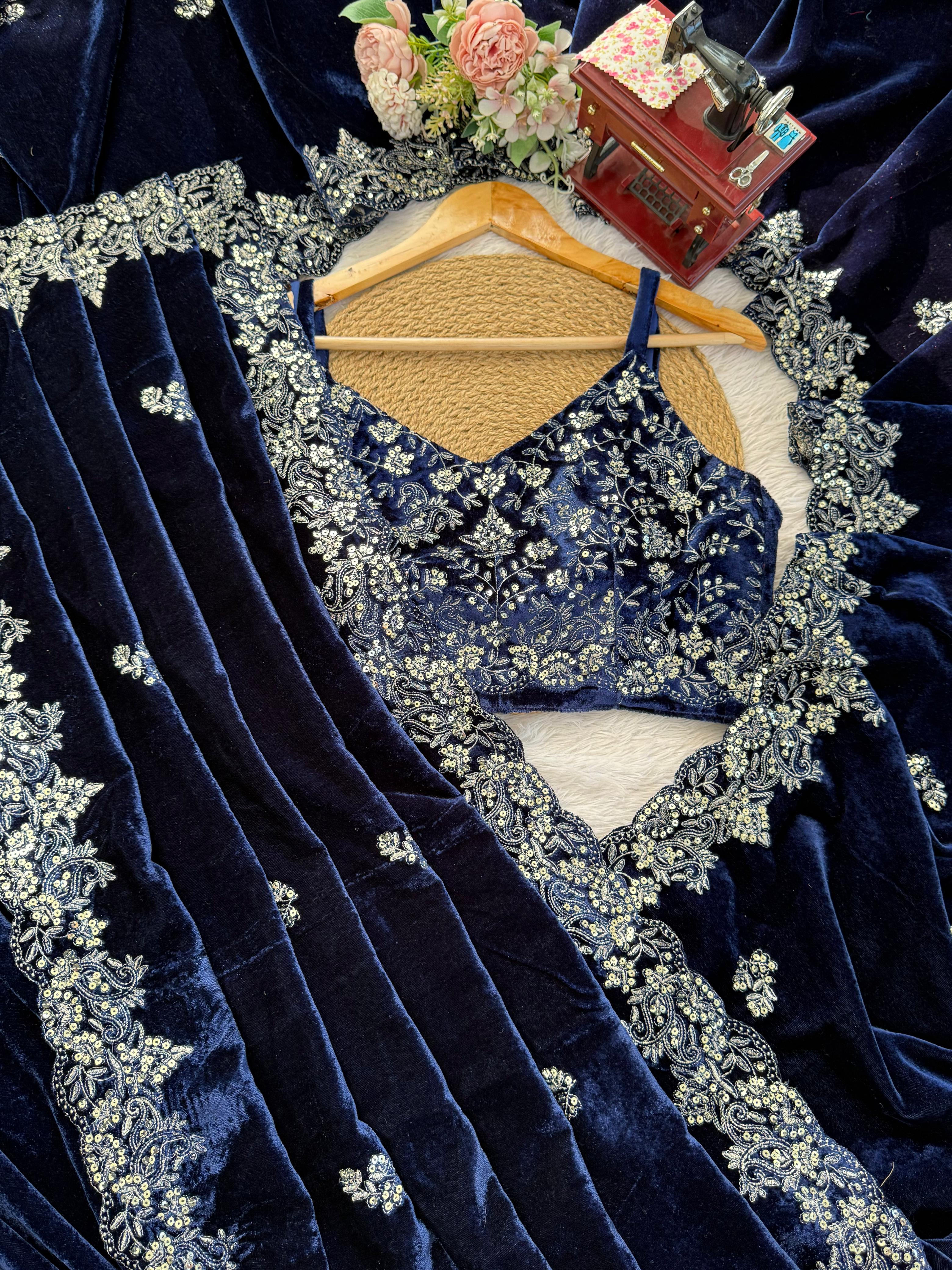 Viscose Velvet Nevy Blue Wedding Saree