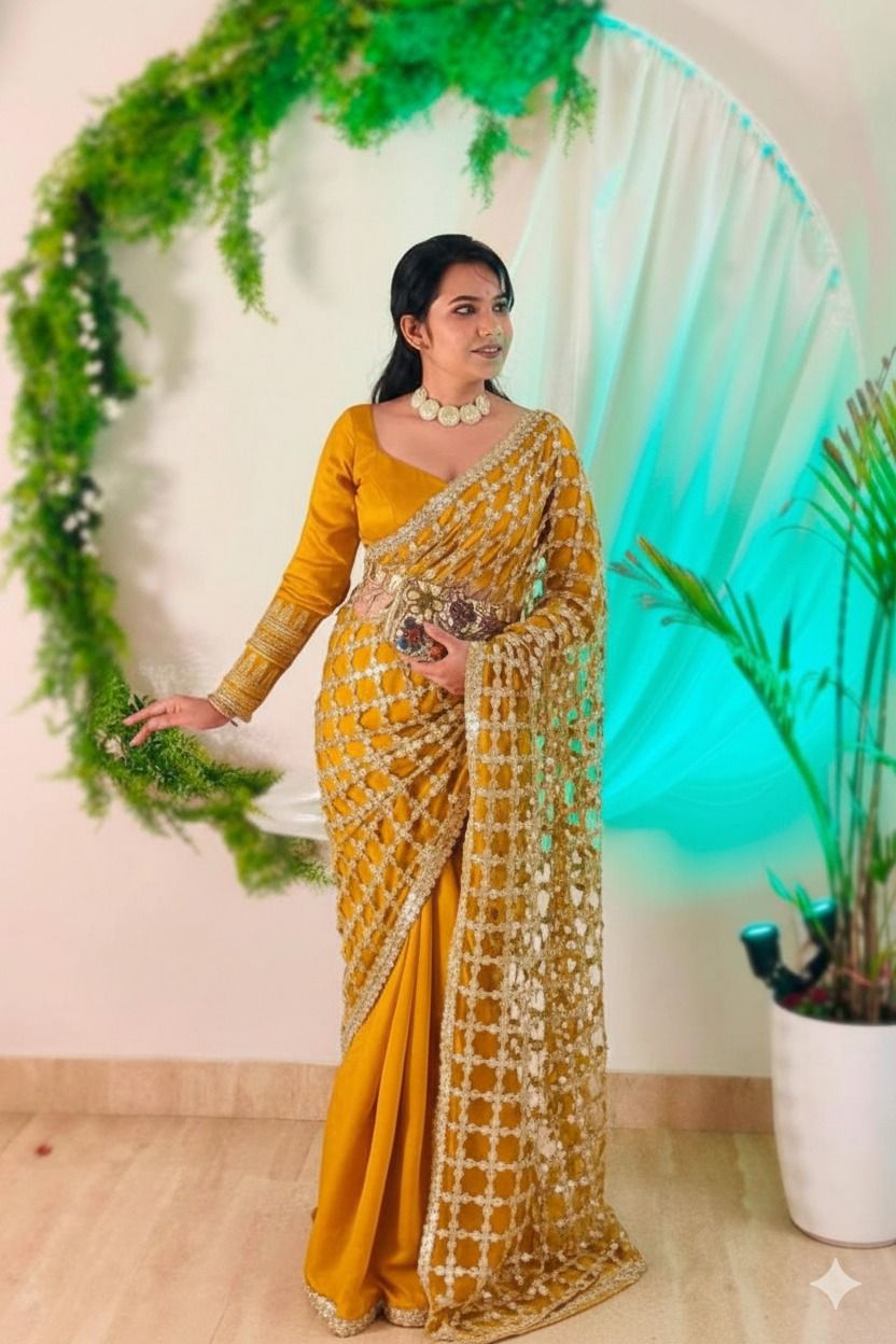Wedding Fendy Silk Fabric with Real Mirror work Saree