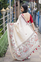 Soft Linen Saree With Madhubani Prints.