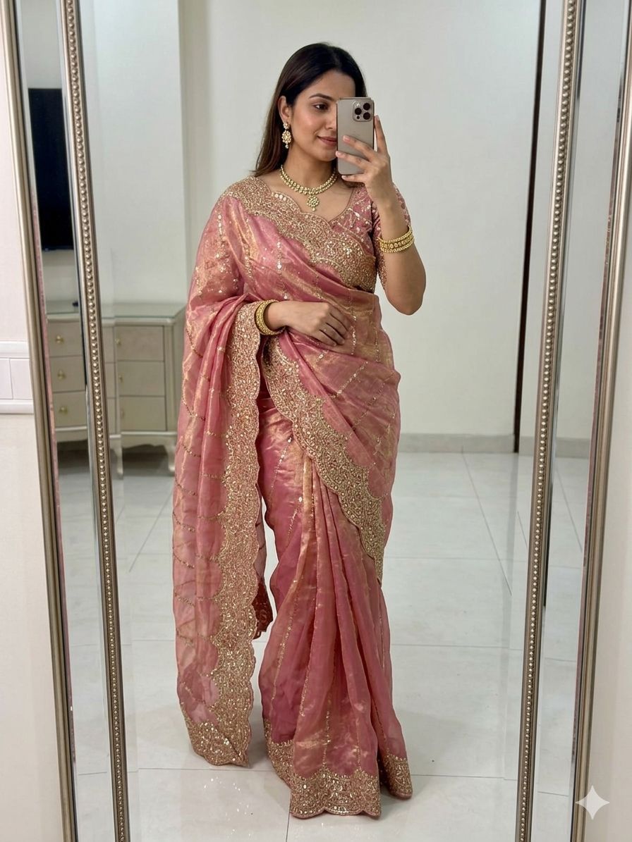 Space Sattin Muti Sequence Emrodairy Work Saree