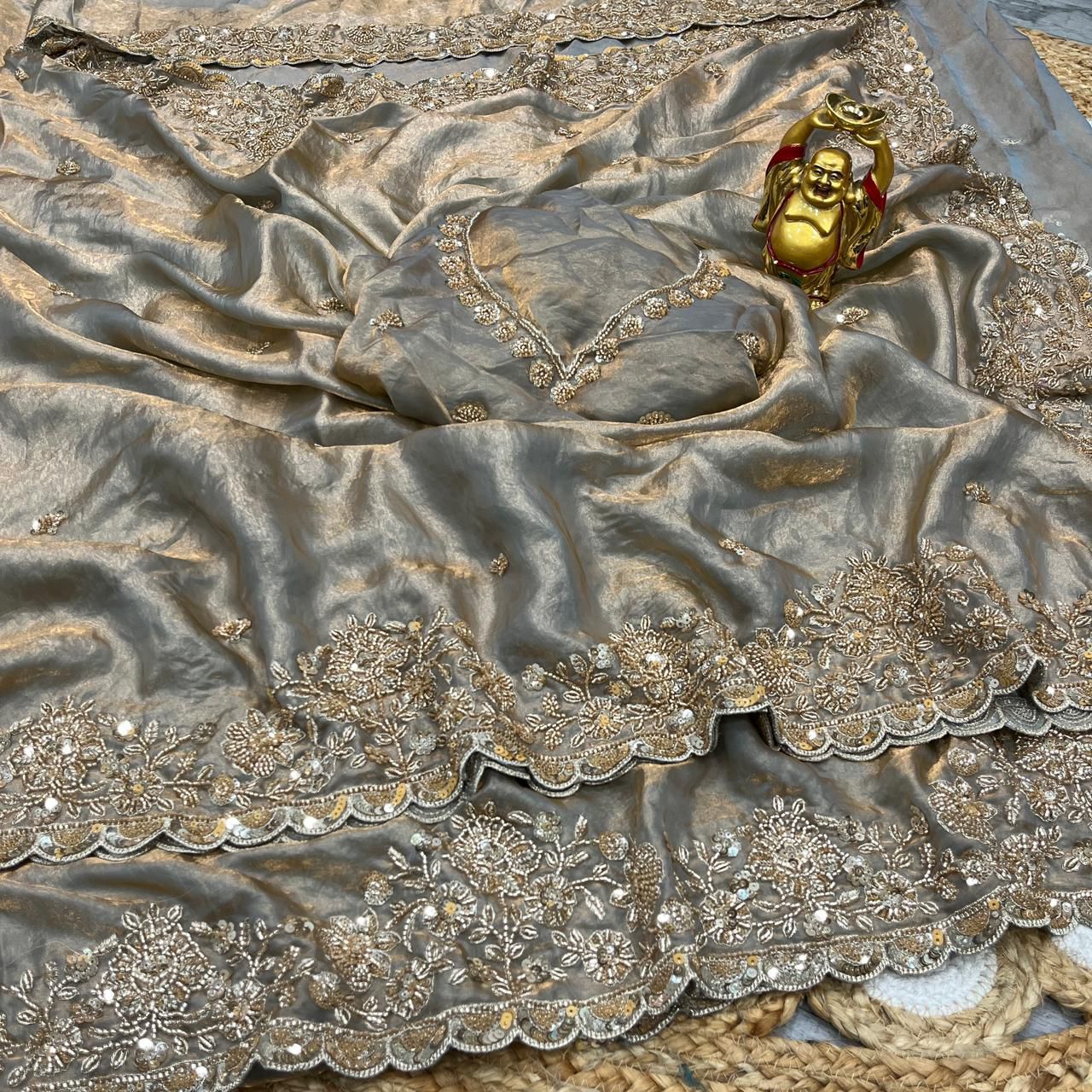 Grand party wear saree in original gold beeds work