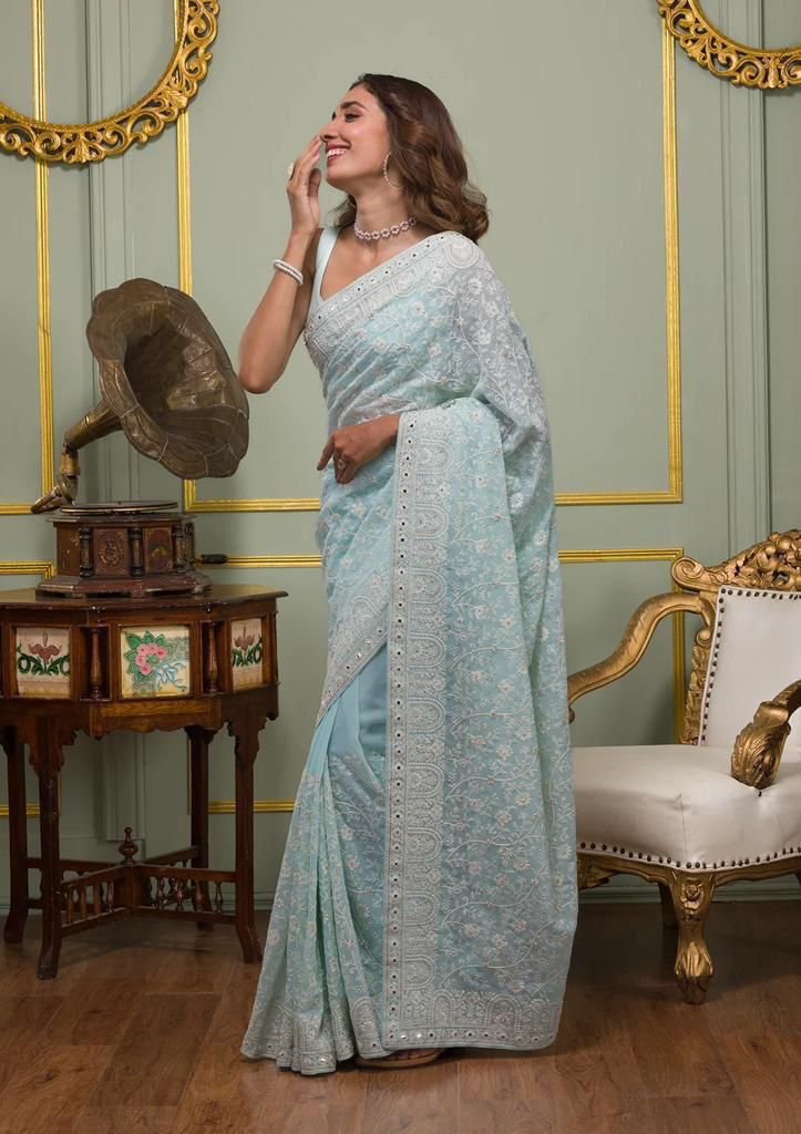 Faux geogert saree with white thread & seqnce