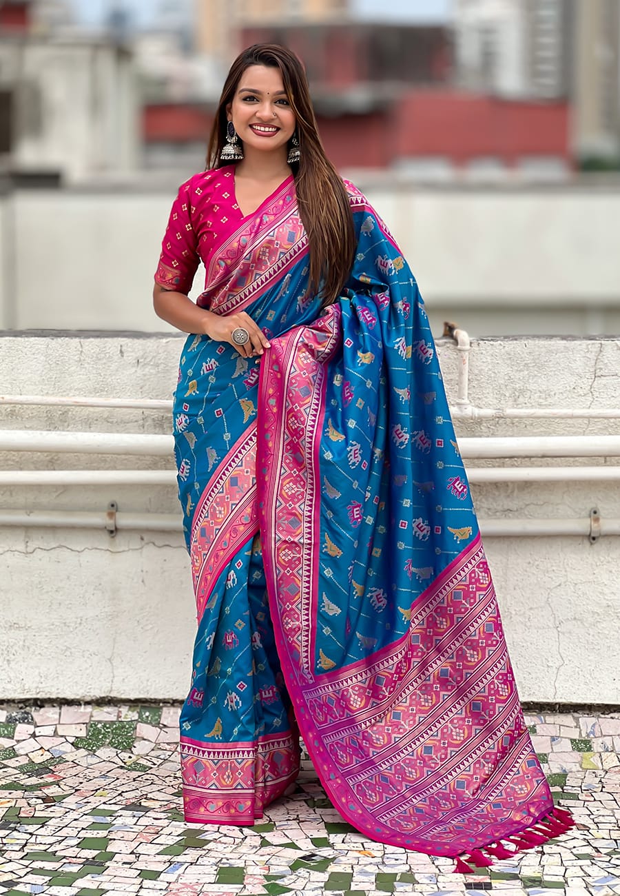 Soft Silk Zari Woven Patola Leheriya Saree with Contrast Weaves