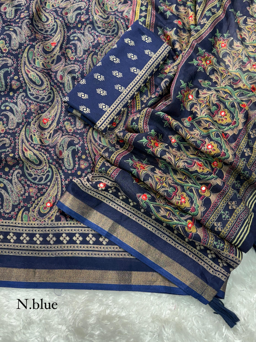 Ajrakh Print Mirror Work Saree