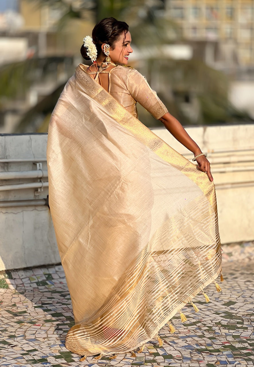 Plain Tussar Silk Sarees with zari woven border