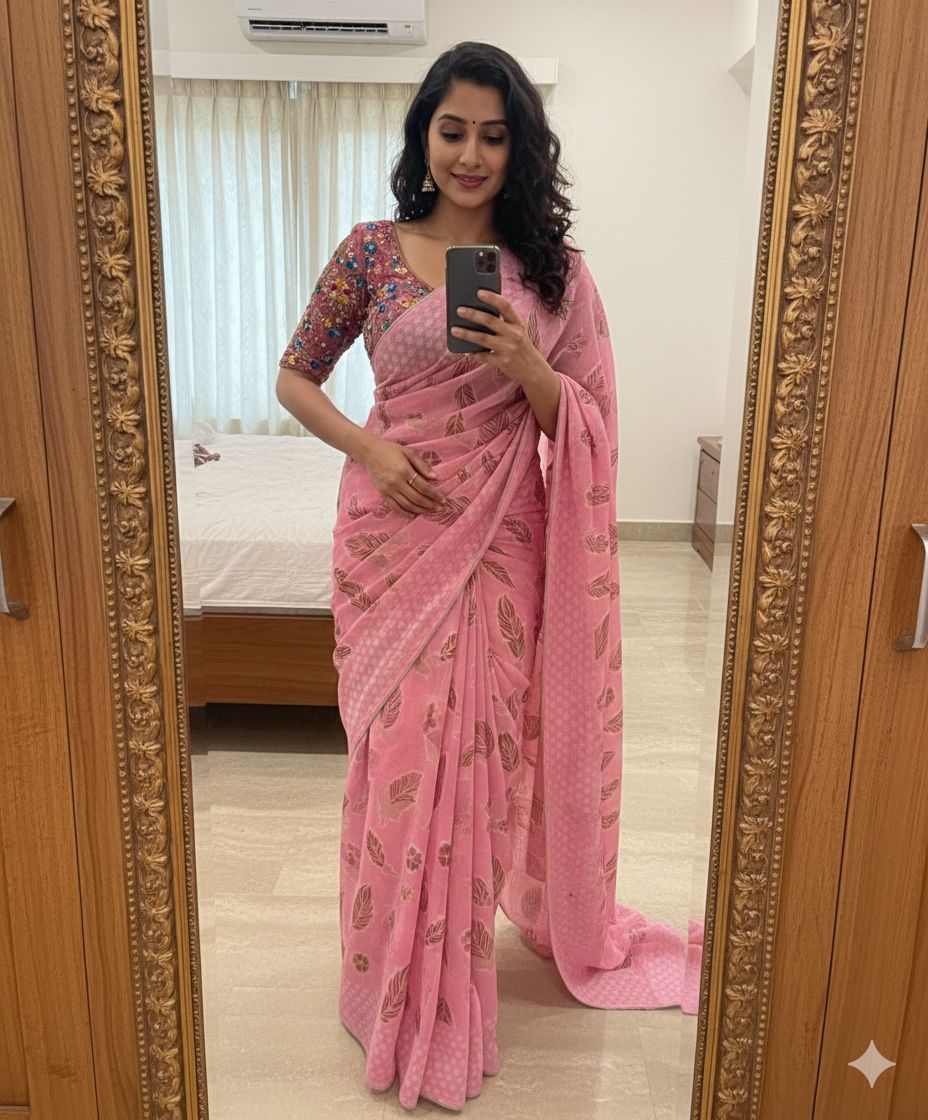 Fall Printe Embroidery Saree