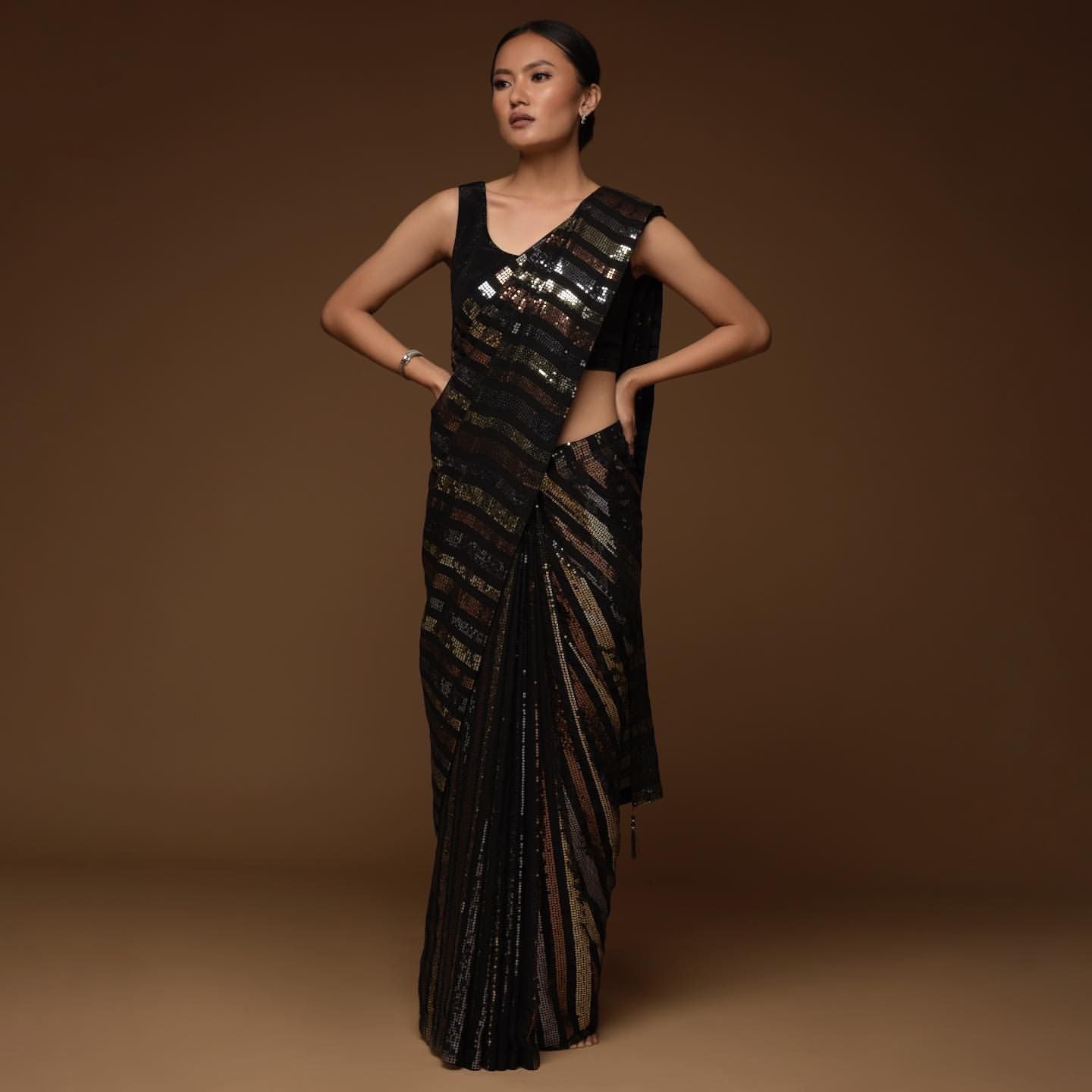 Beautiful Triple Sequence Embroidery Heavy Georgette Saree