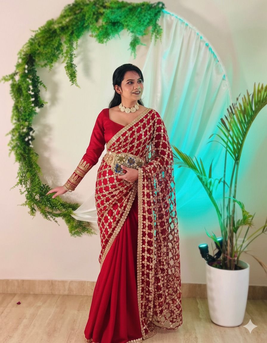 Wedding Fendy Silk Fabric with Real Mirror work Saree