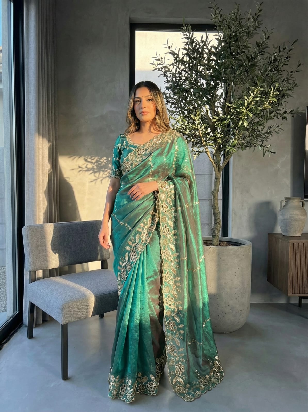 Fendy Chiffon Fabric  Beautiful Embroidery Wedding Saree