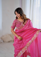 Premium Gold Crush Pink Saree