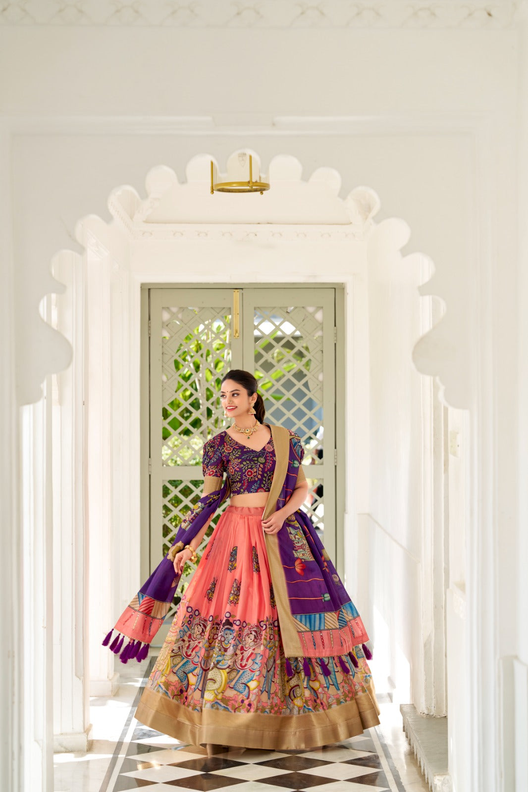 Adorned in the elegance of Dola Silk Lahenga
