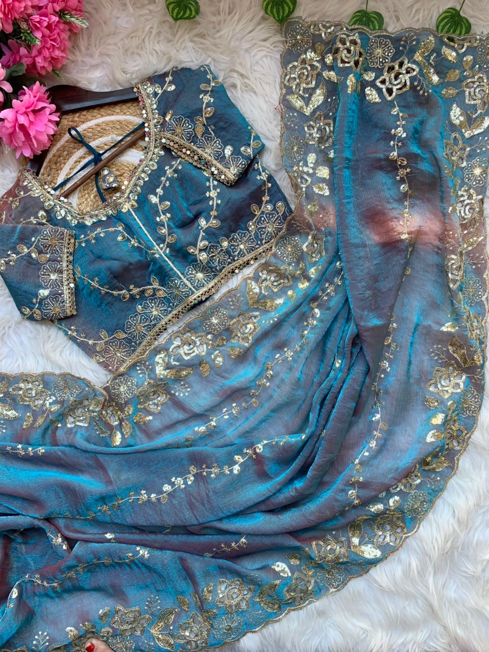 Fendy Chiffon Fabric  Beautiful Embroidery Wedding Saree
