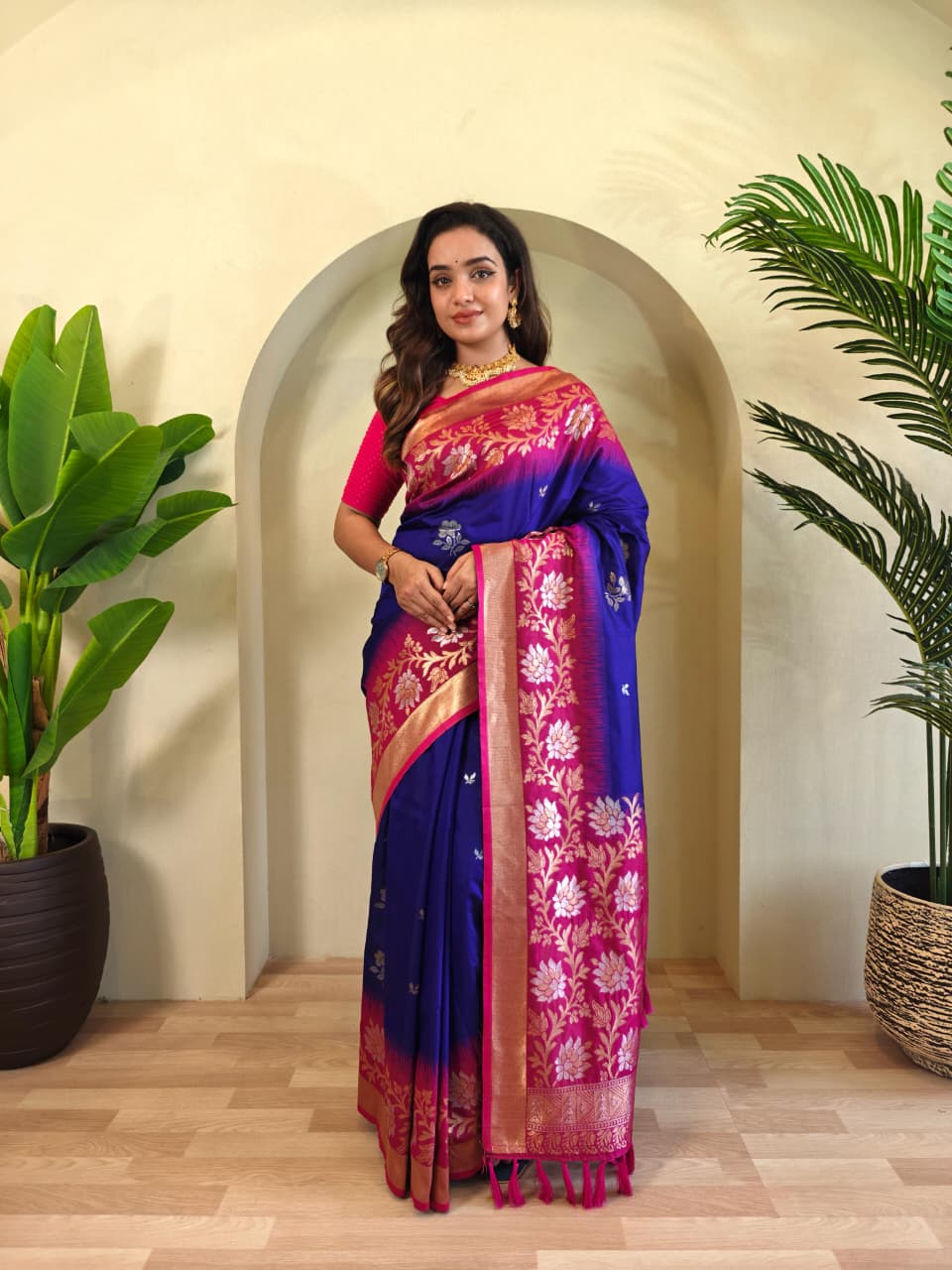 Dual tone silk sarees with all over zari weaves