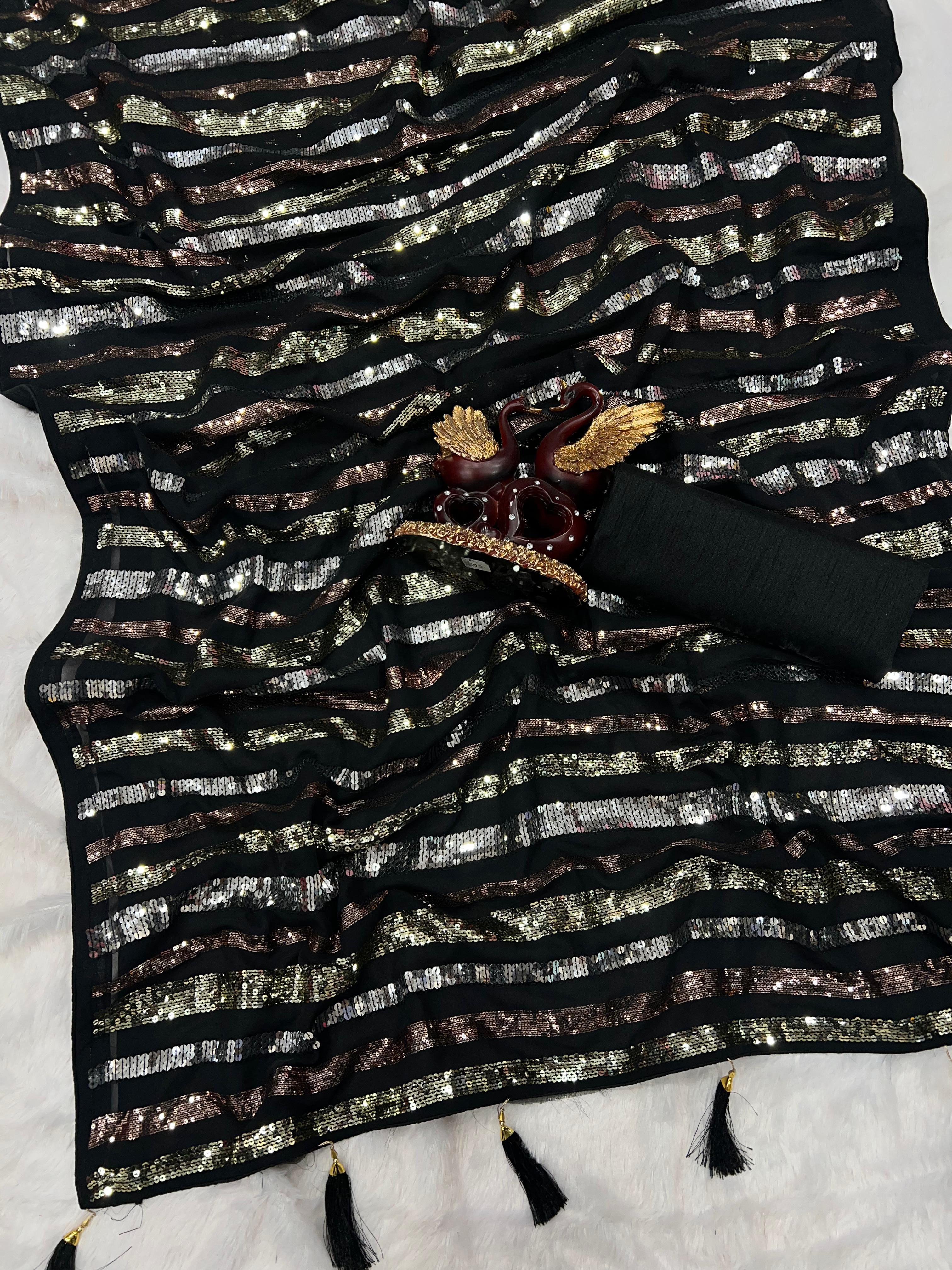 Beautiful Triple Sequence Embroidery Heavy Georgette Saree