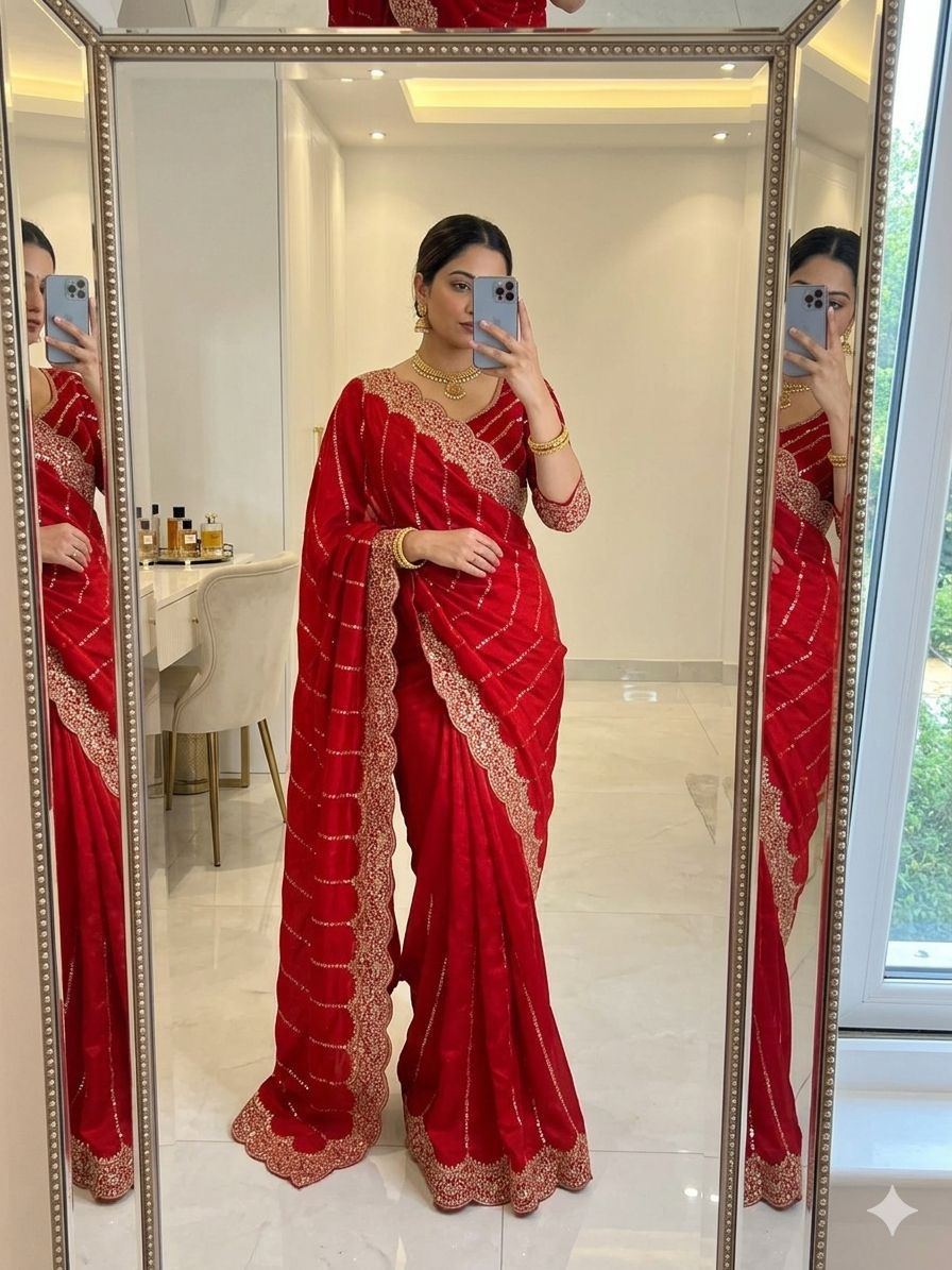 Space Sattin Muti Sequence Emrodairy Work Saree