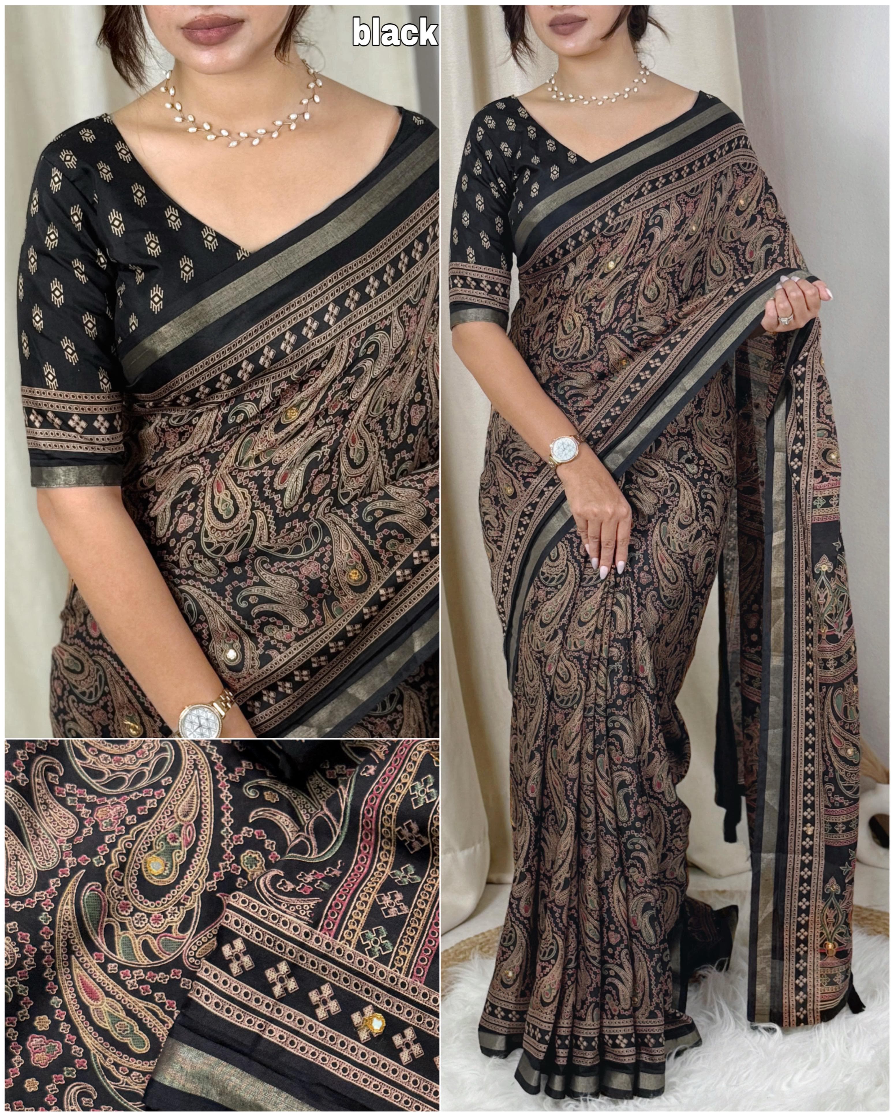 Ajrakh Print Mirror Work Saree