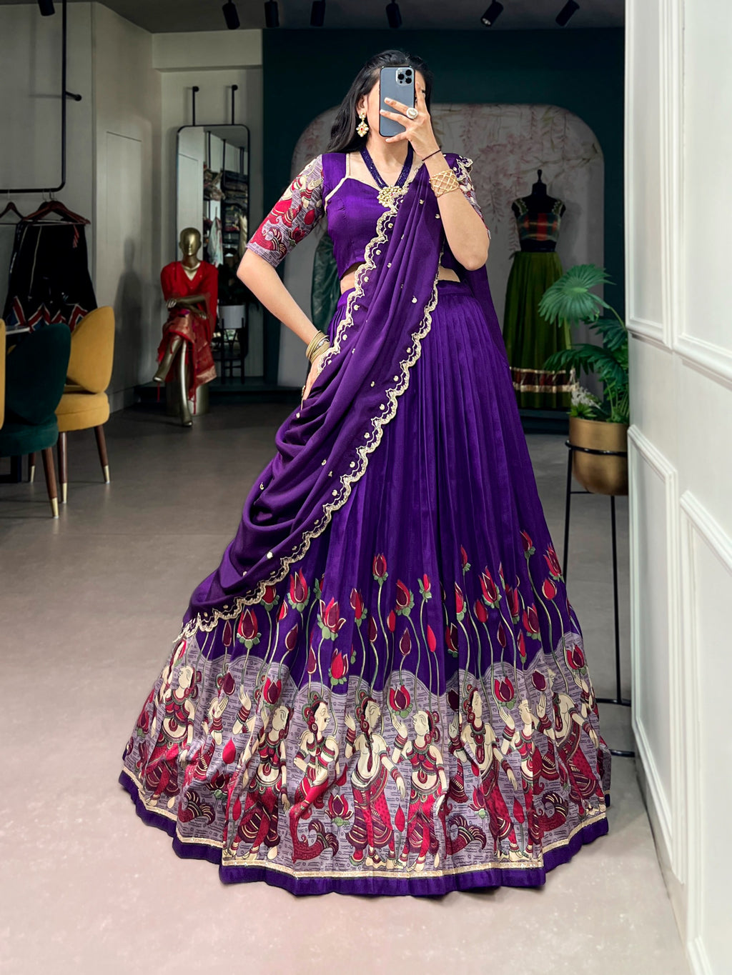 Tasar Silk Kalamkari Print Wedding lehenga
