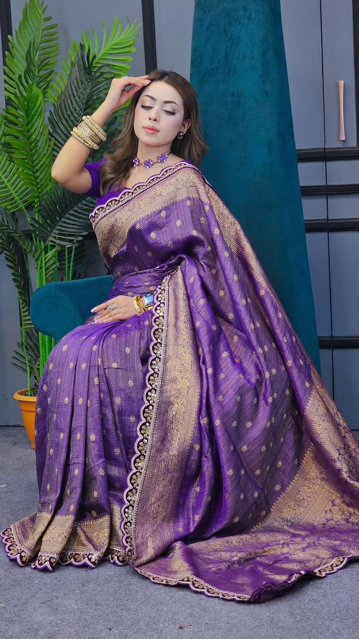 Pure Soft Banarasi Tissue Zari Crushed Silk Saree