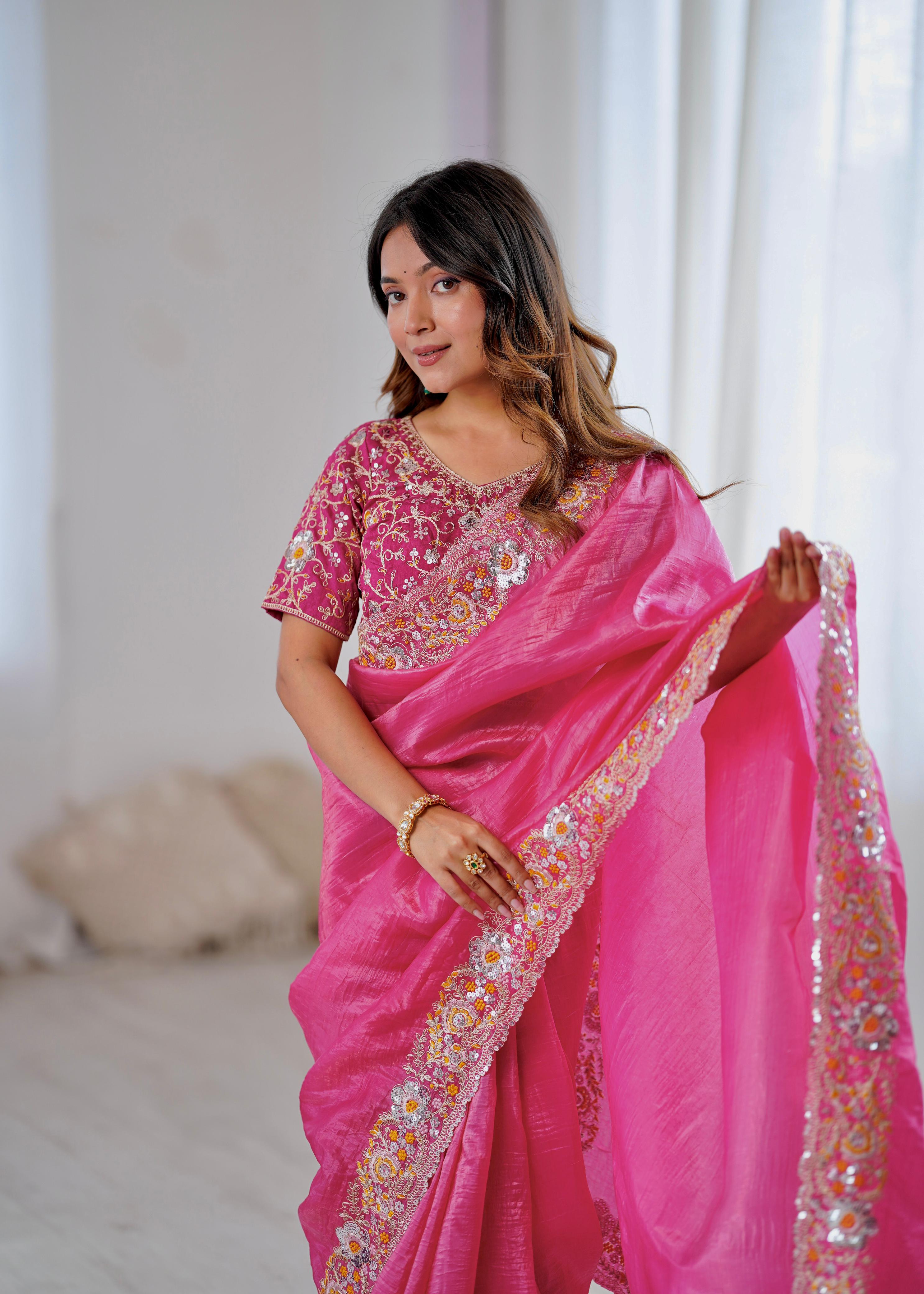 Premium Gold Crush Pink Saree