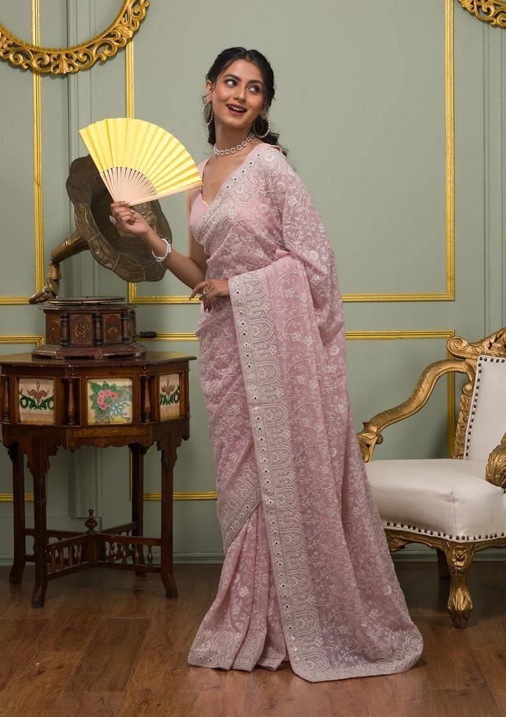 Faux geogert saree with white thread & seqnce