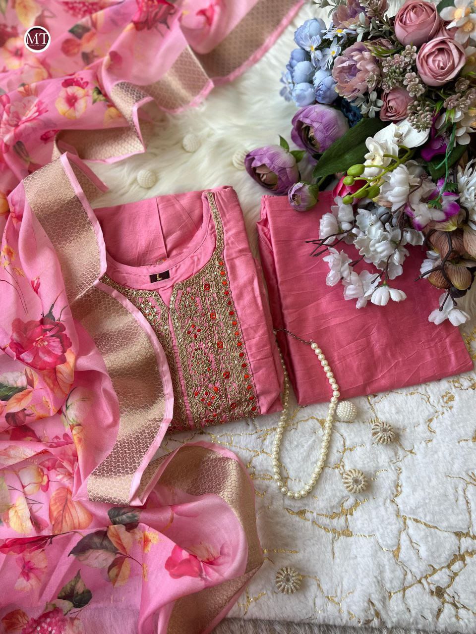 Anarkali Flared Pink Kurti Pant Dupatta Set