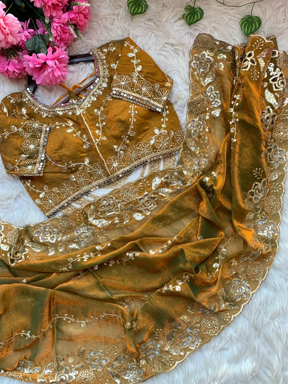 Fendy Chiffon Fabric  Beautiful Embroidery Wedding Saree