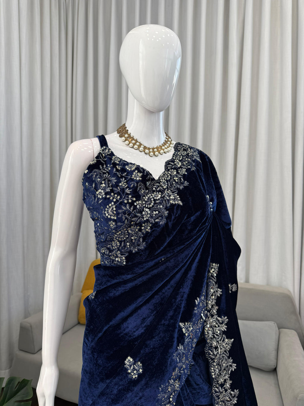 Viscose Velvet Nevy Blue Wedding Saree
