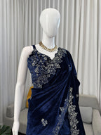 Viscose Velvet Nevy Blue Wedding Saree