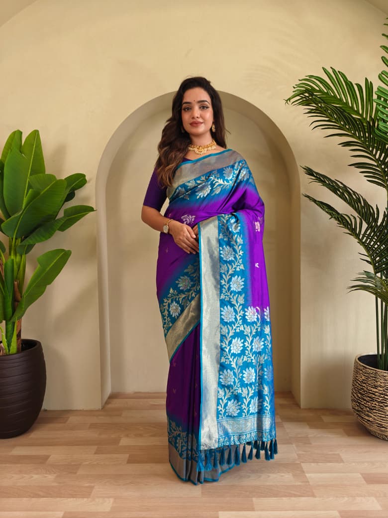 Dual tone silk sarees with all over zari weaves