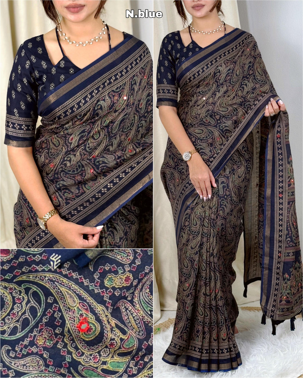 Ajrakh Print Mirror Work Saree