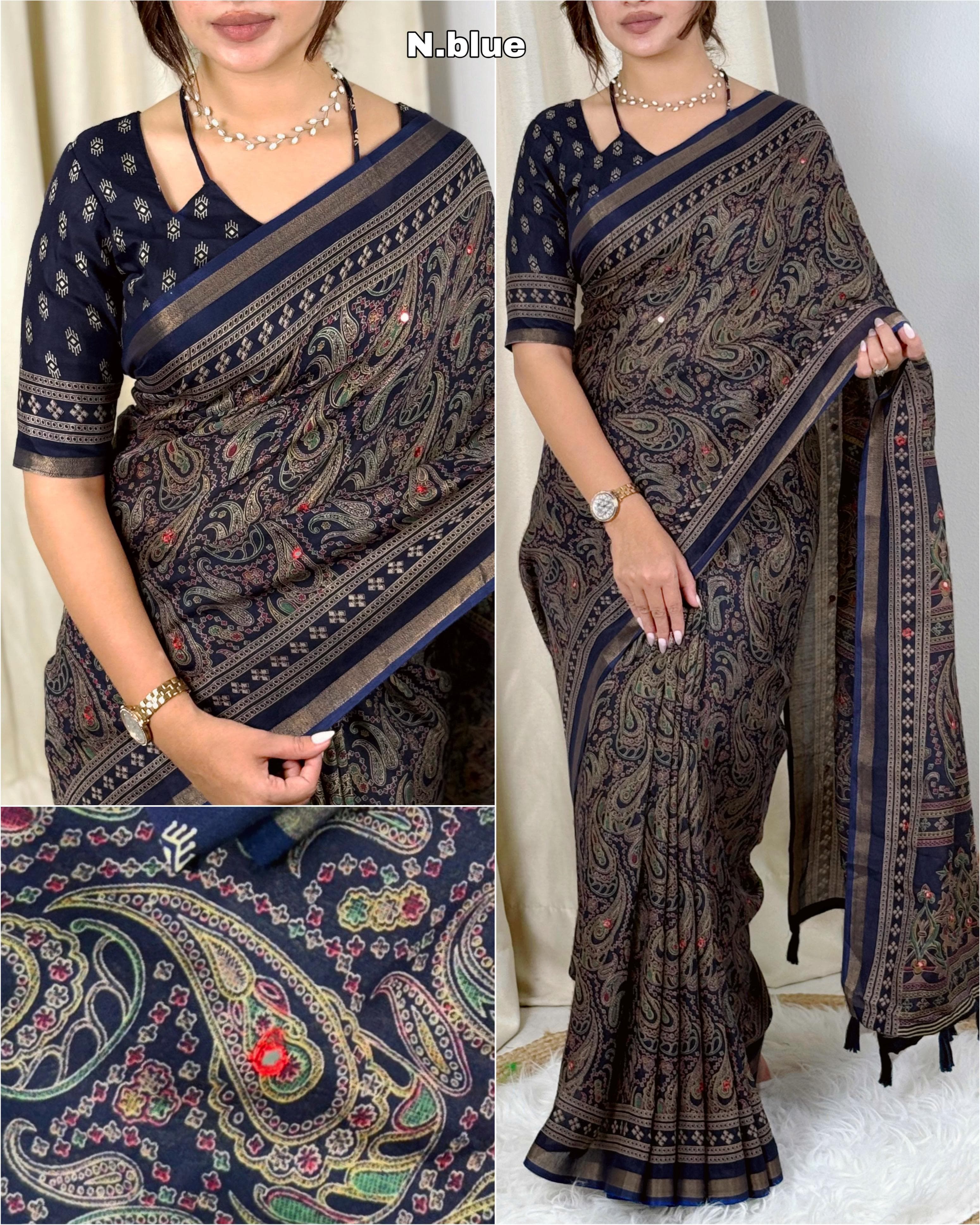 Ajrakh Print Mirror Work Saree