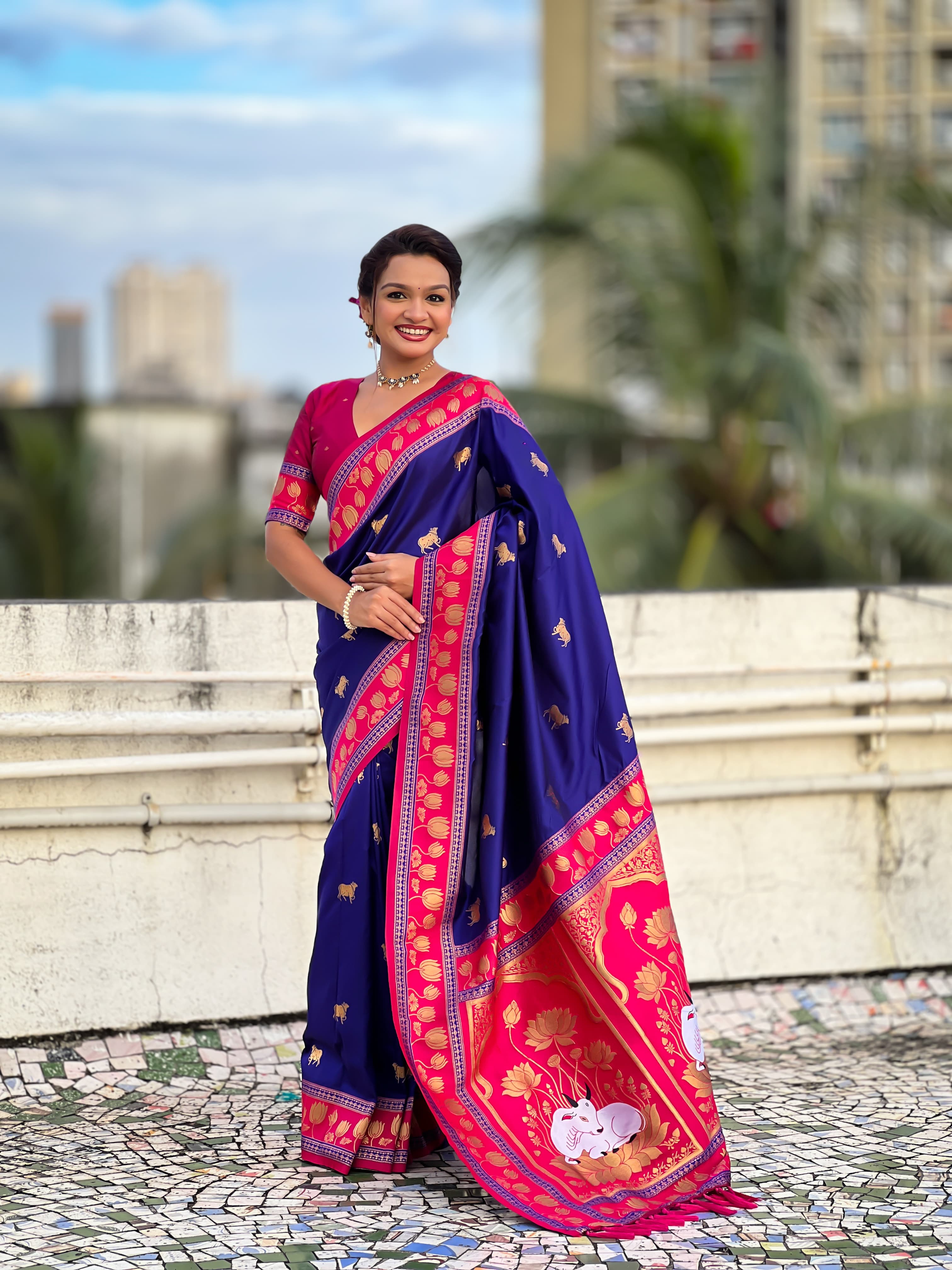 Soft Silk Paithani Saree With Cow nanadi motifs