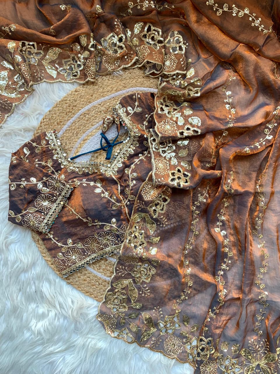 Fendy Chiffon Fabric  Beautiful Embroidery Wedding Saree