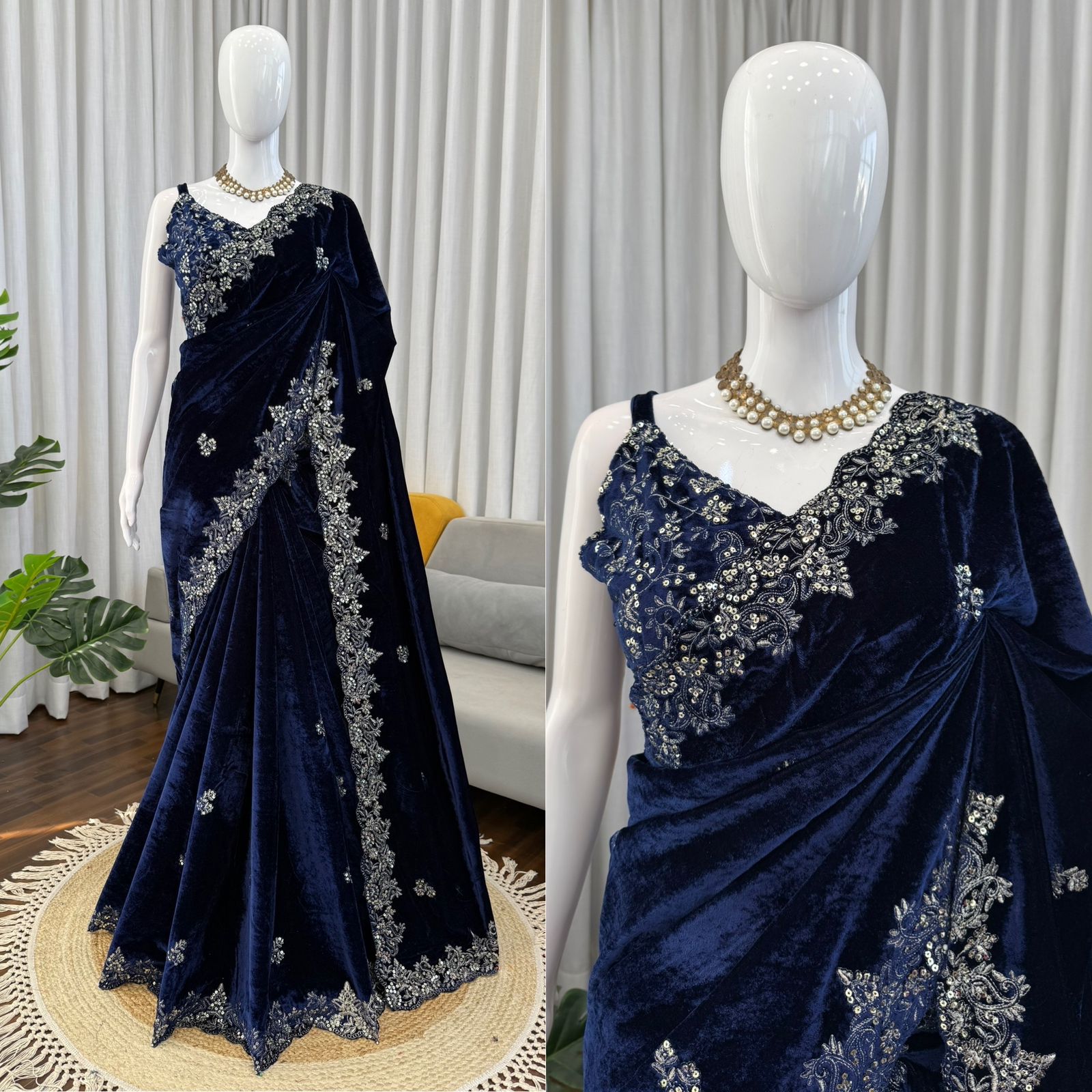 Viscose Velvet Nevy Blue Wedding Saree