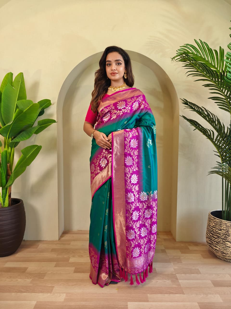 Dual tone silk sarees with all over zari weaves