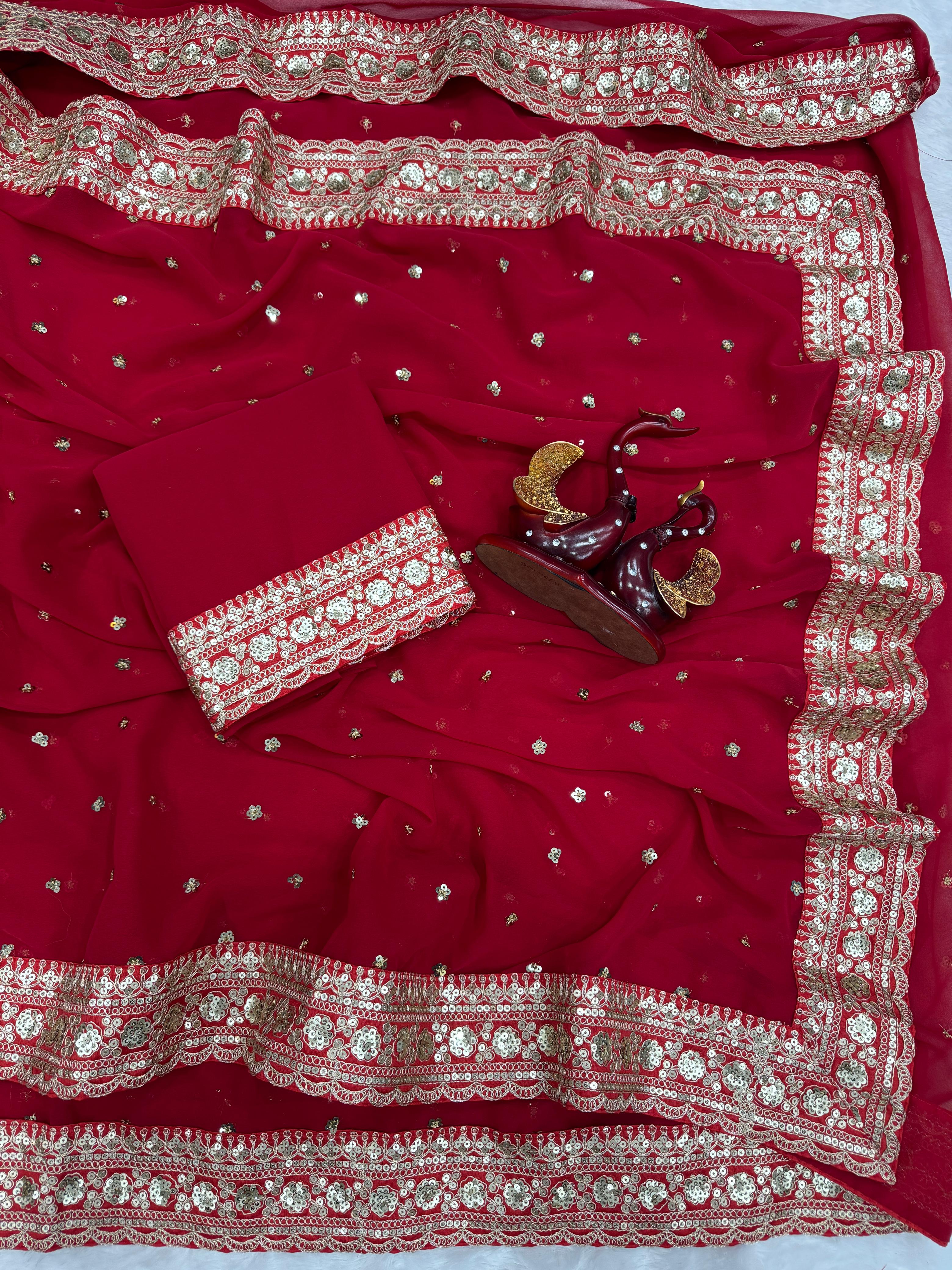 Pure Georgette Sequence Red Saree