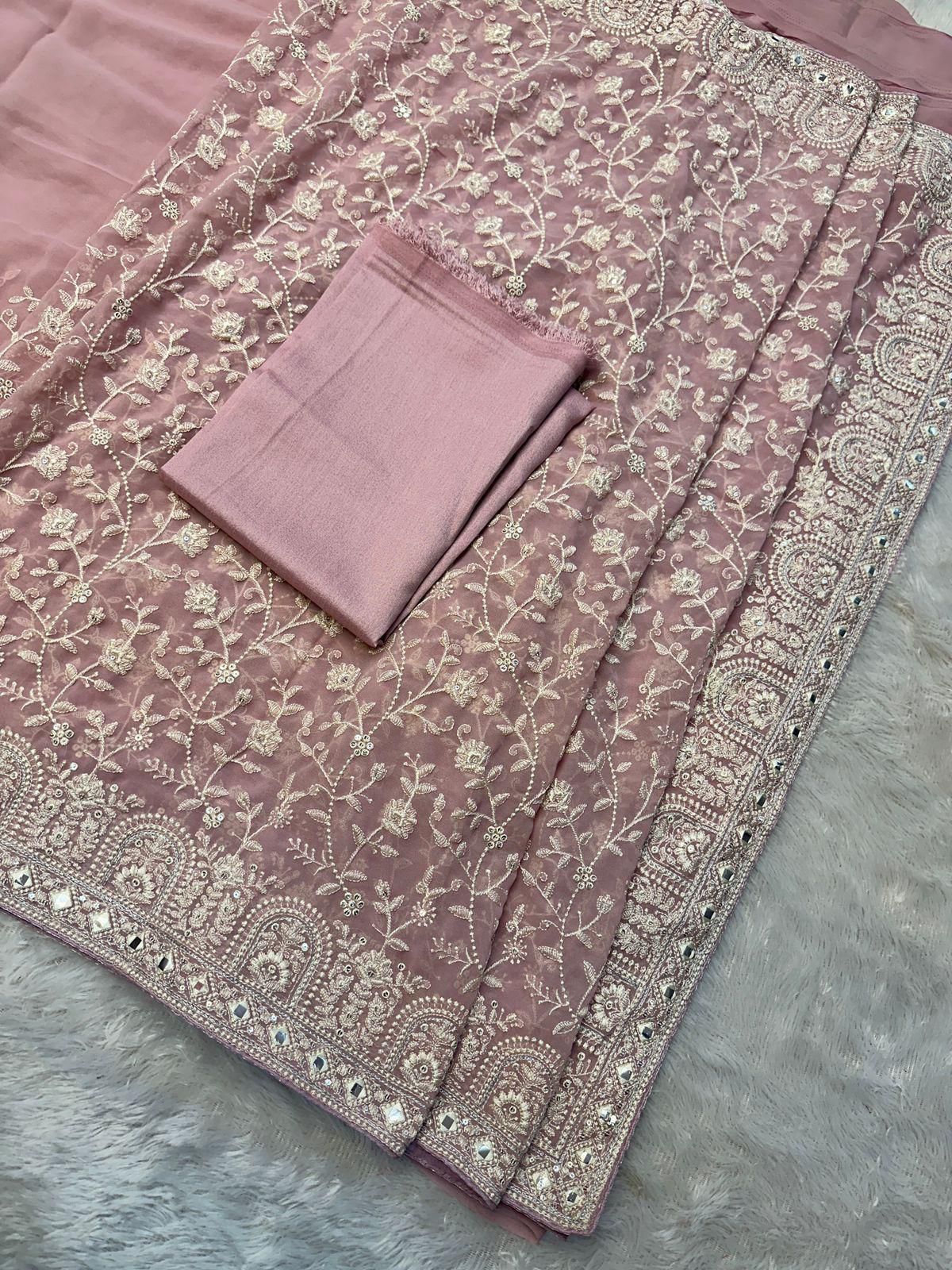 Faux geogert saree with white thread & seqnce