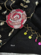 Genz Black Grey Fandy Chiffon Saree