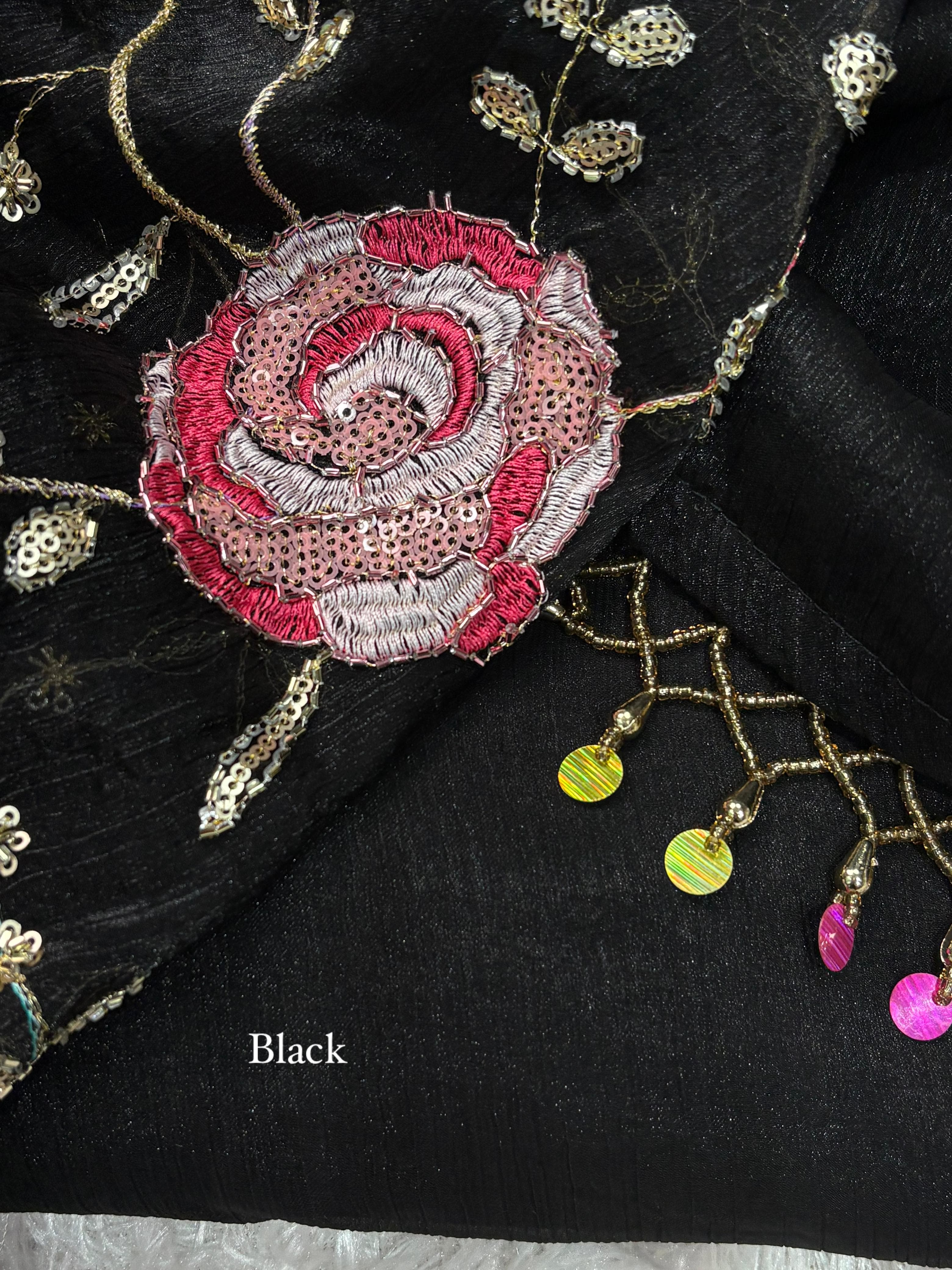 Genz Black Grey Fandy Chiffon Saree