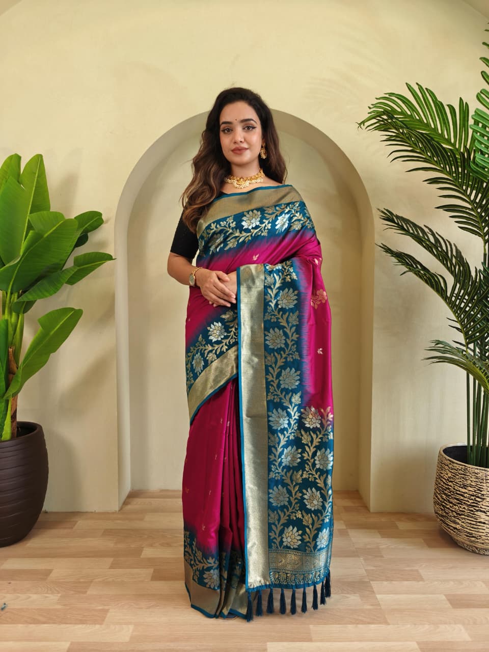 Dual tone silk sarees with all over zari weaves