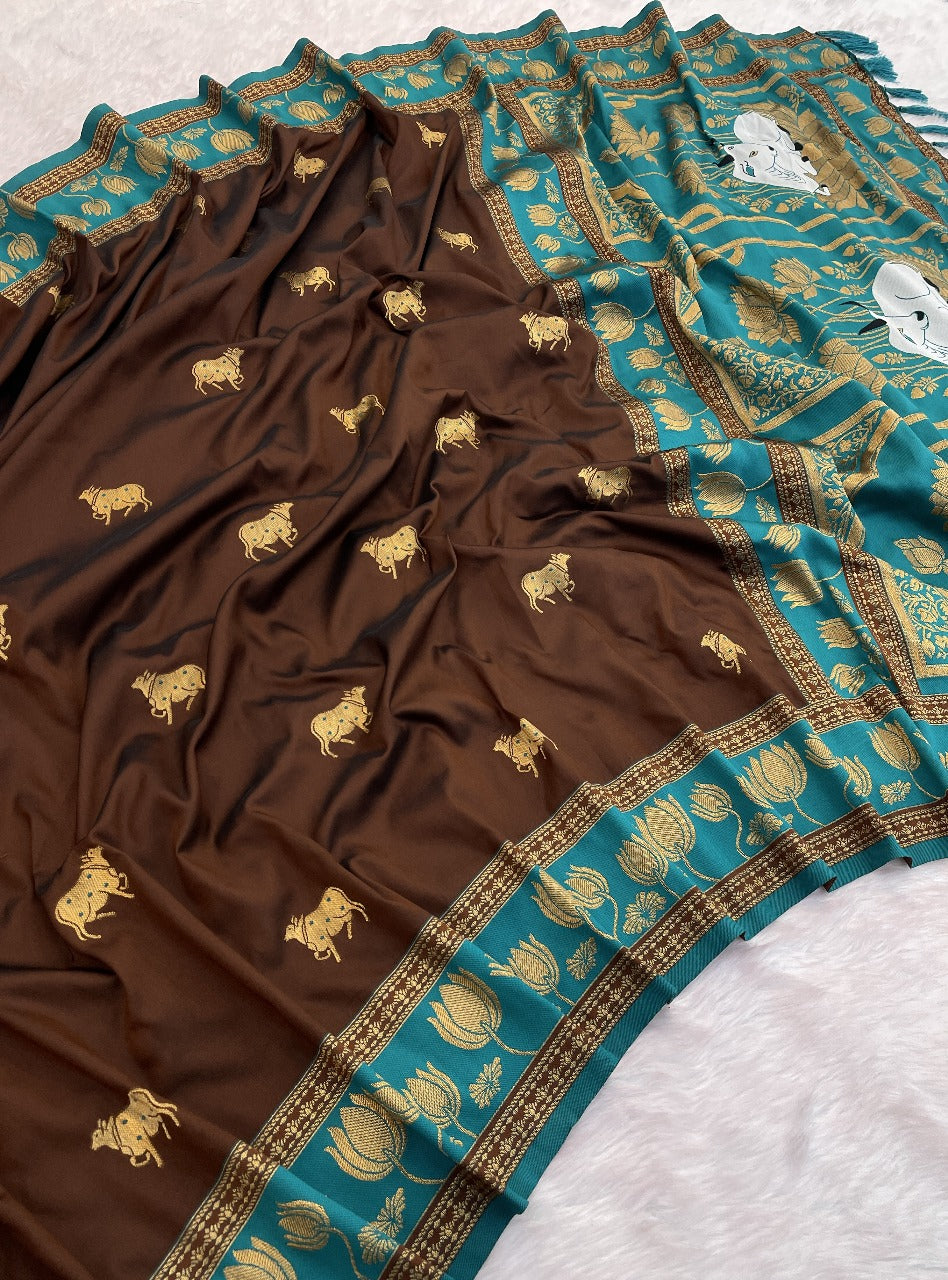 Soft Silk Paithani Saree With Cow nanadi motifs