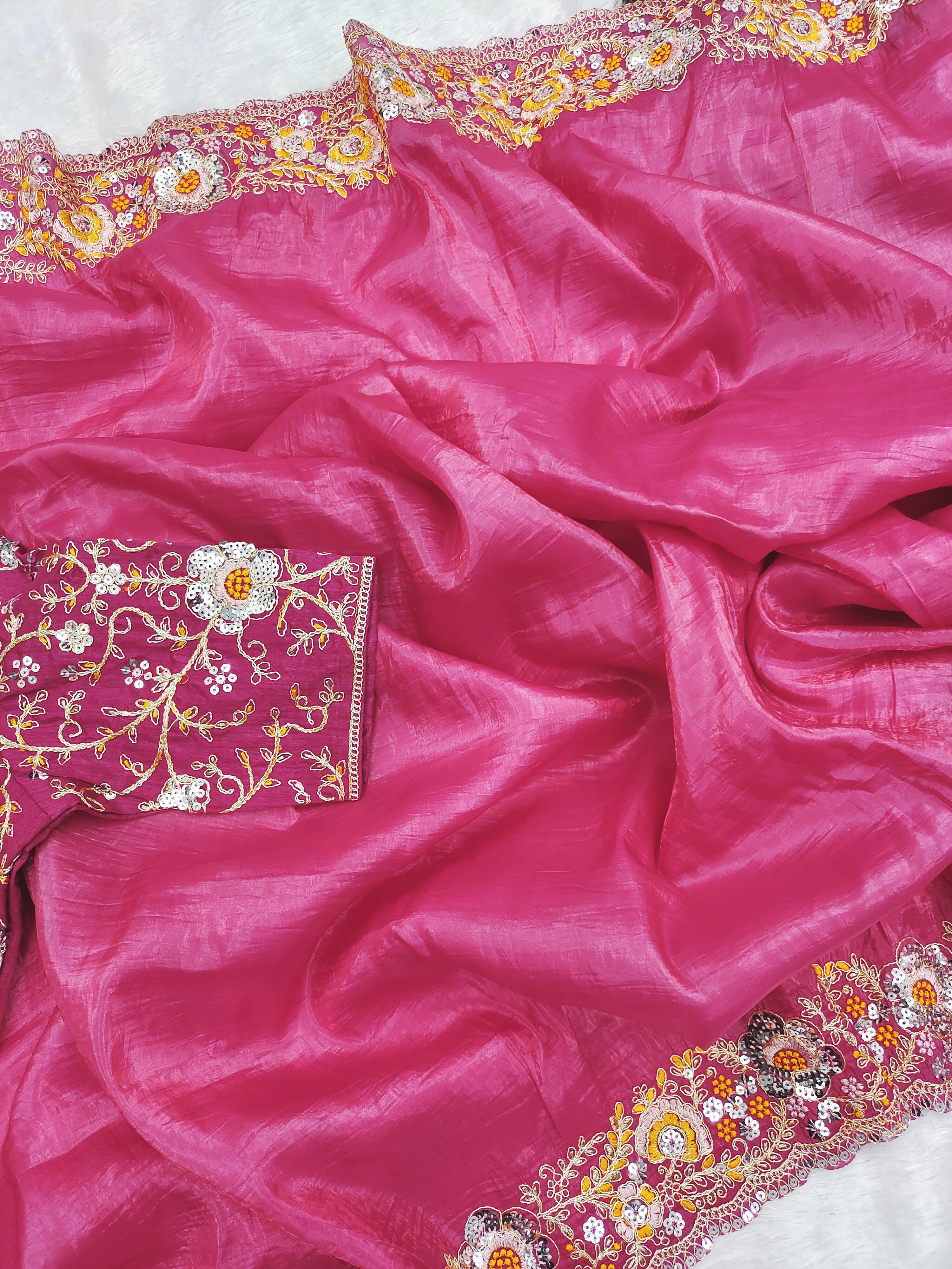 Premium Gold Crush Pink Saree